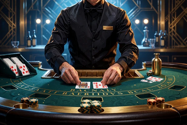 Baccarat-dealer l&aelig;gger to kort p&aring; et gr&oslash;nt bord foran et bl&aring;t live casino-studie