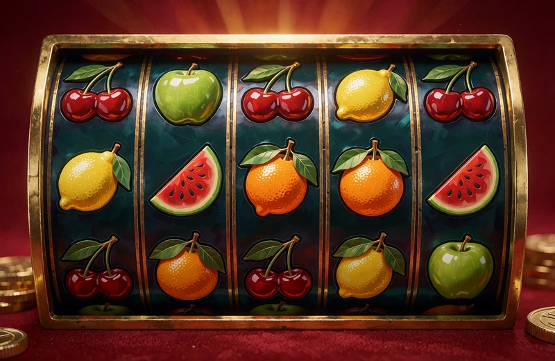 Klassiske frugtsymboler som kirseb&aelig;r, citroner og vandmeloner p&aring; slothjul med r&oslash;d baggrund