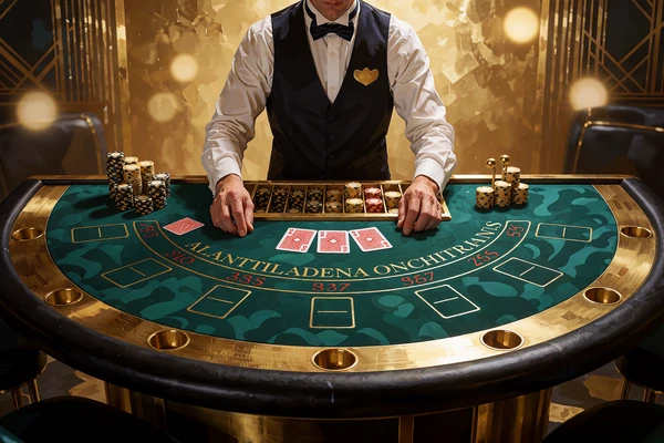Blackjack-dealer i vest og butterfly ved et halvrundt gr&oslash;nt blackjackbord med jetoner