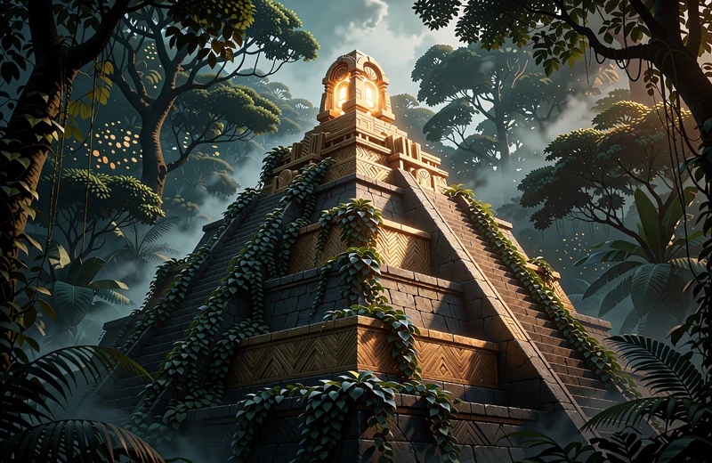 Vinbevokset stenpyramide i t&aring;get jungle med et gl&oslash;dende guldrelikvie p&aring; &oslash;verste trin - eksempel p&aring; et eventyr-slot