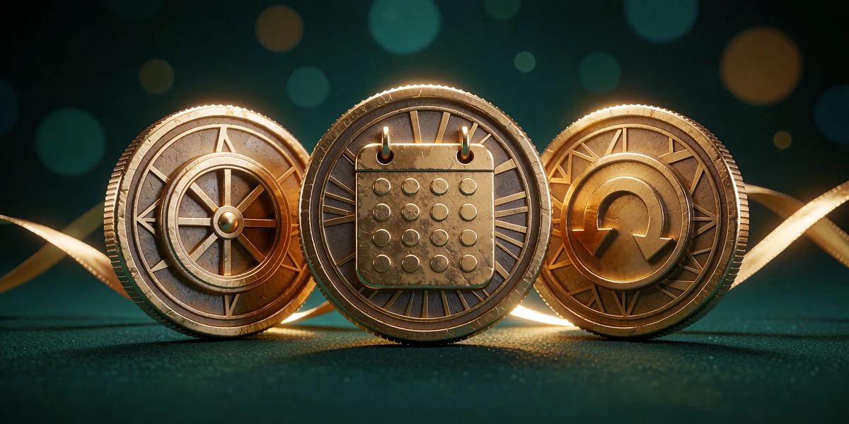 Tre gyldne medaljoner med lykkehjul, daglig kalender og m&oslash;nt med pil - Goldbets loyalitetselementer