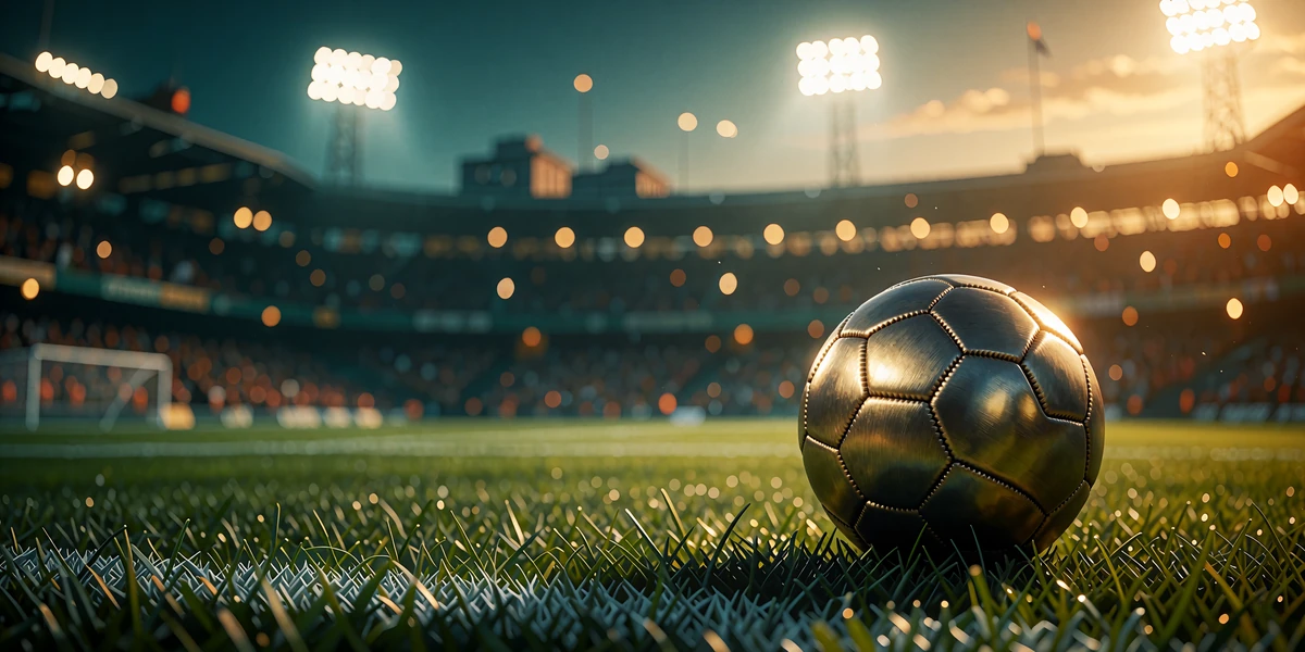 L&aelig;derfodbold p&aring; en nysl&aring;et gr&aelig;sbane med et oplyst aftenstadion i baggrunden - Goldbets sportsbook