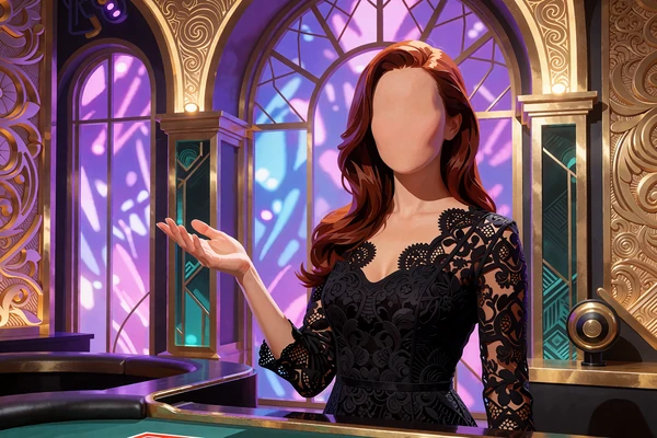 Game show-v&aelig;rt i sort blondekjole byder velkommen i et lyst studie med lilla lyspaneler