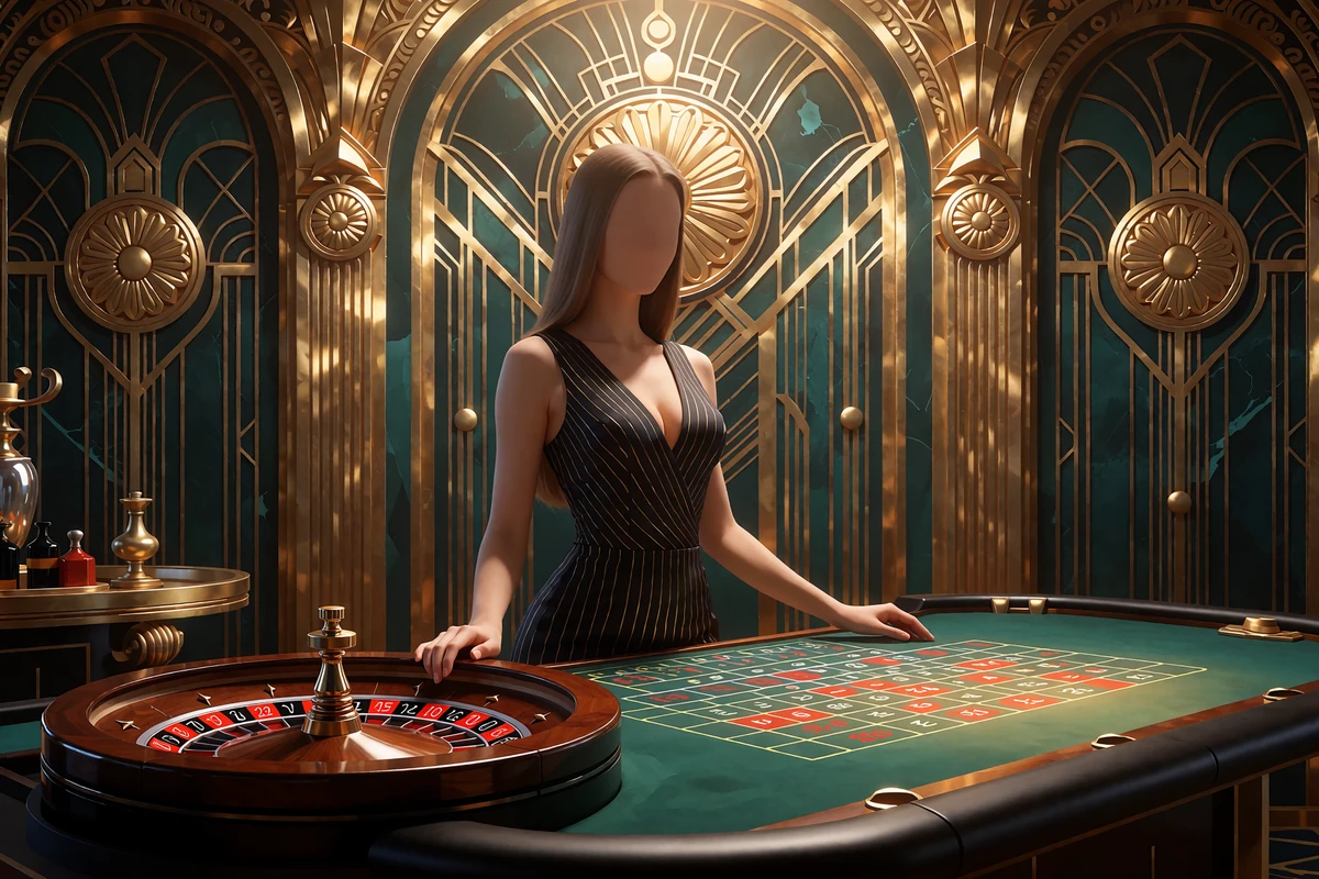 Live roulette-dealer i sort og guld kjole ved rouletthjul og gr&oslash;nt bord i et Art Deco-studie