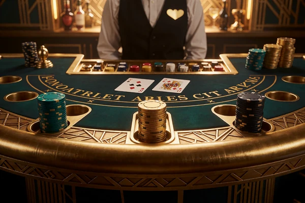 Halvrundt blackjackbord med m&oslash;rkegr&oslash;nt filt, tre jetonstakke og to kort med en dealer i vest bagved