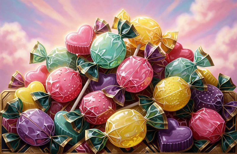 Blanke indpakkede bolsjer, slikkepinde og hjerteformet slik i pink og mint mod en pastelhimmel - eksempel p&aring; en klynge-slot